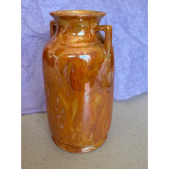 Art Deco Peach Luster Ware Dual Square Handles Vase 5" Tall - Picture 5 of 9
